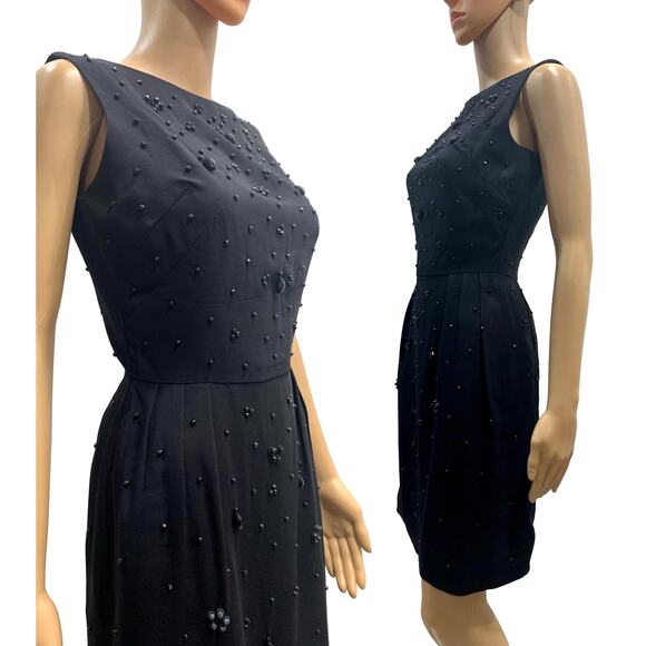 60s Black Beaded Cocktail Dress | Mid Century MOD Wiggle Dress LBD| Fits XS/S - Picture 5 of 12